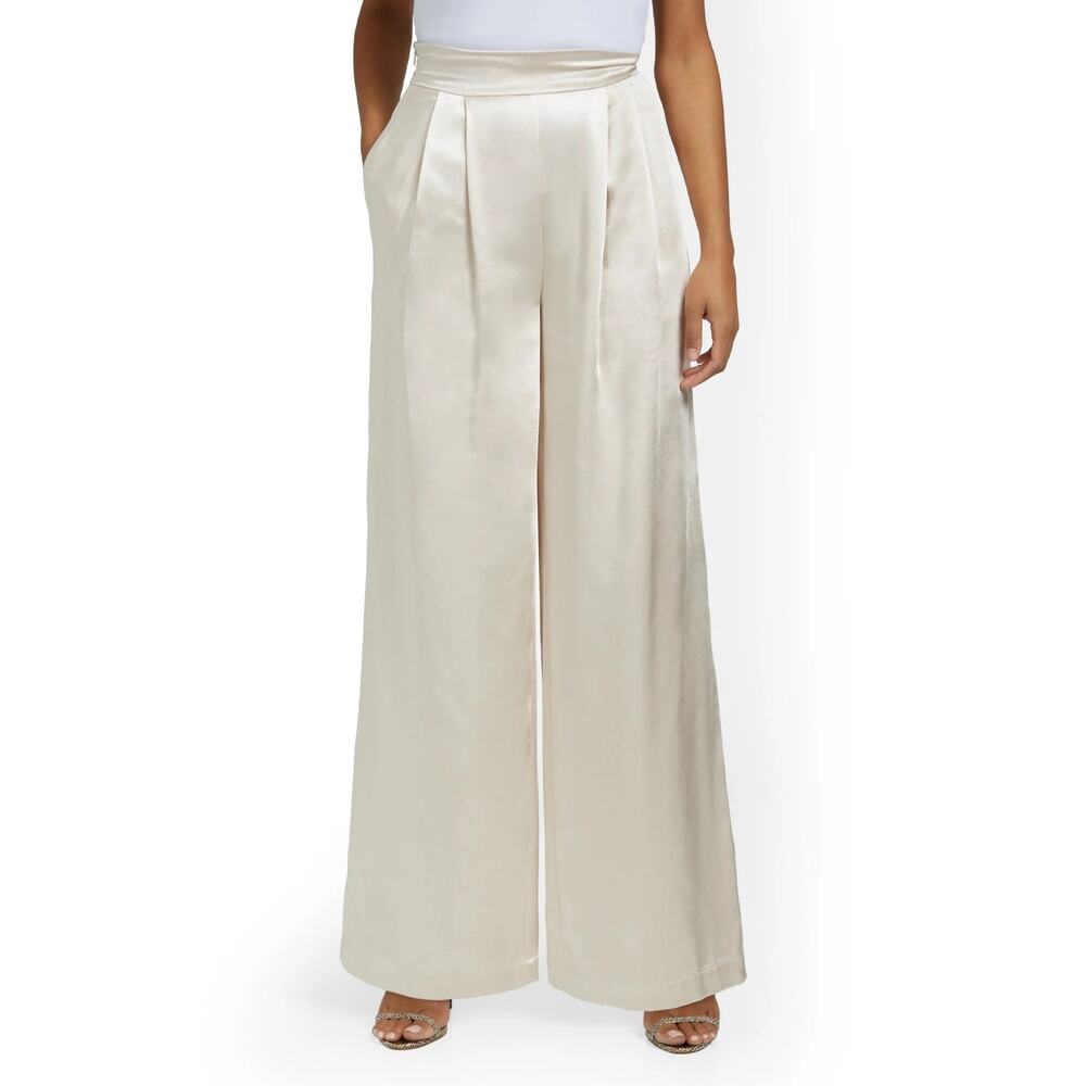 Lena Satin Pants High Waist Pleated Wide Leg Oyster Pearl Womens Size Small